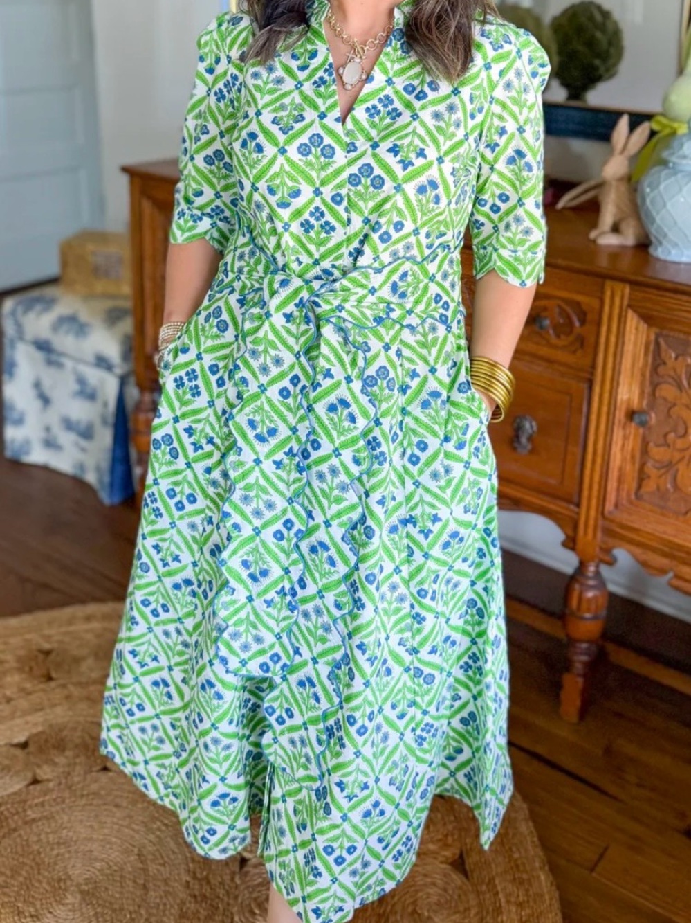 Cotton Block print Green Patterned Midi Dress with Tie Waist
